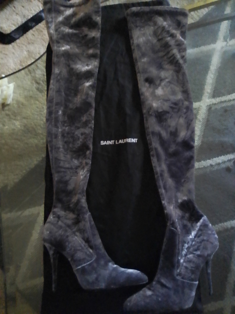 Saint Laurent Charcoal Velvet Over-the-Knee Stiletto Boots